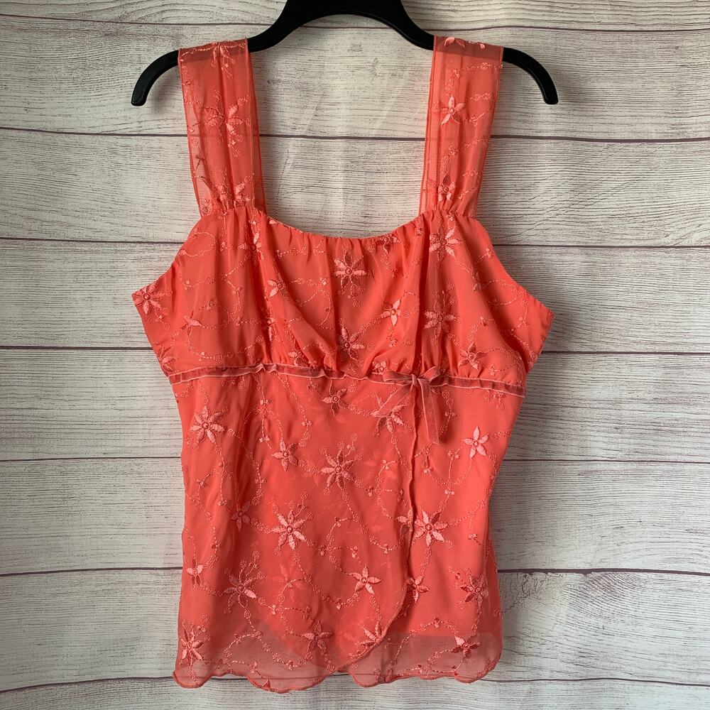 Vintage Studio Y Coral Embroidered Floral Tank Top Velvety Bow Size XL